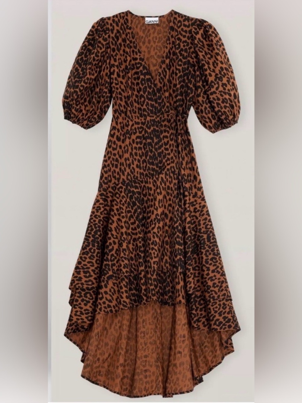 Ganni Brown & Black Leopard-Print High-Low Wrap Dress Like New